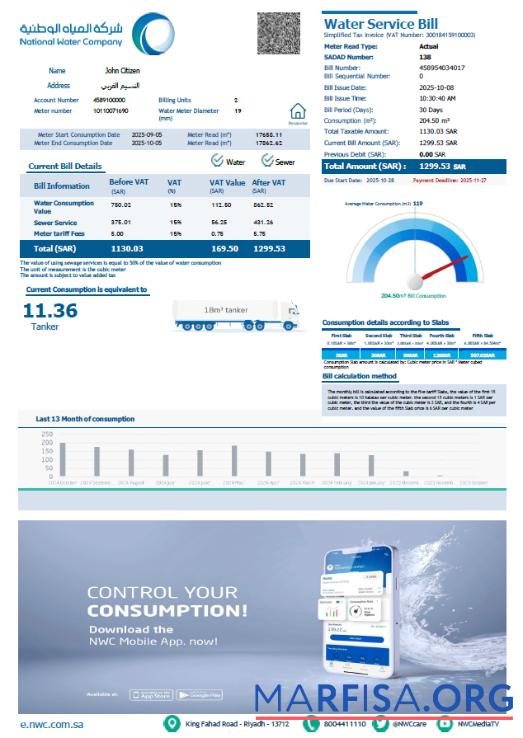 Realistic Saudi Arabia National Water Company utility bill template in Word and PDF formats